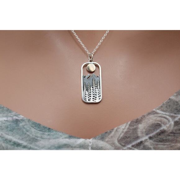 Sterling Silver Rectangle Pine Tree with Bronze Sun Necklace - Picture 1 of 8